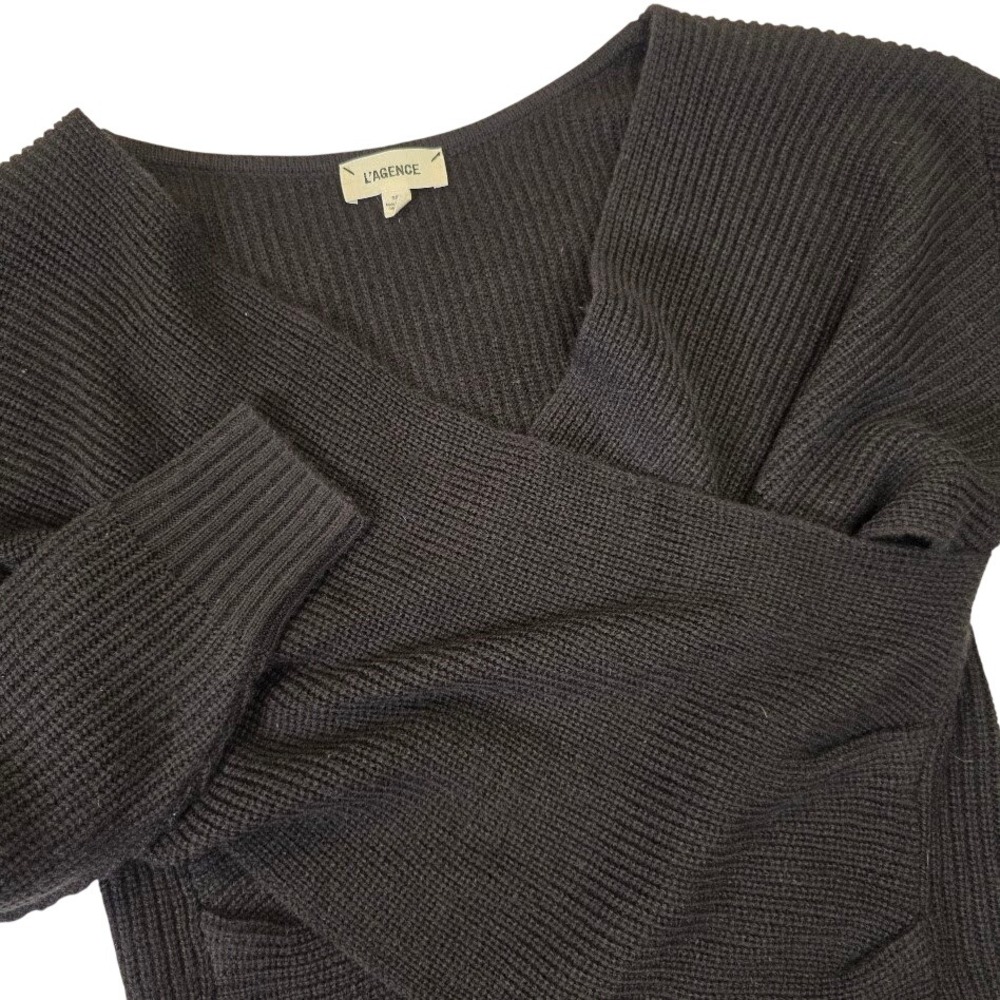 L'AGENCE Small Antonella Wrap Front Surplice Ribbed Knit Sweater Black V-Neck